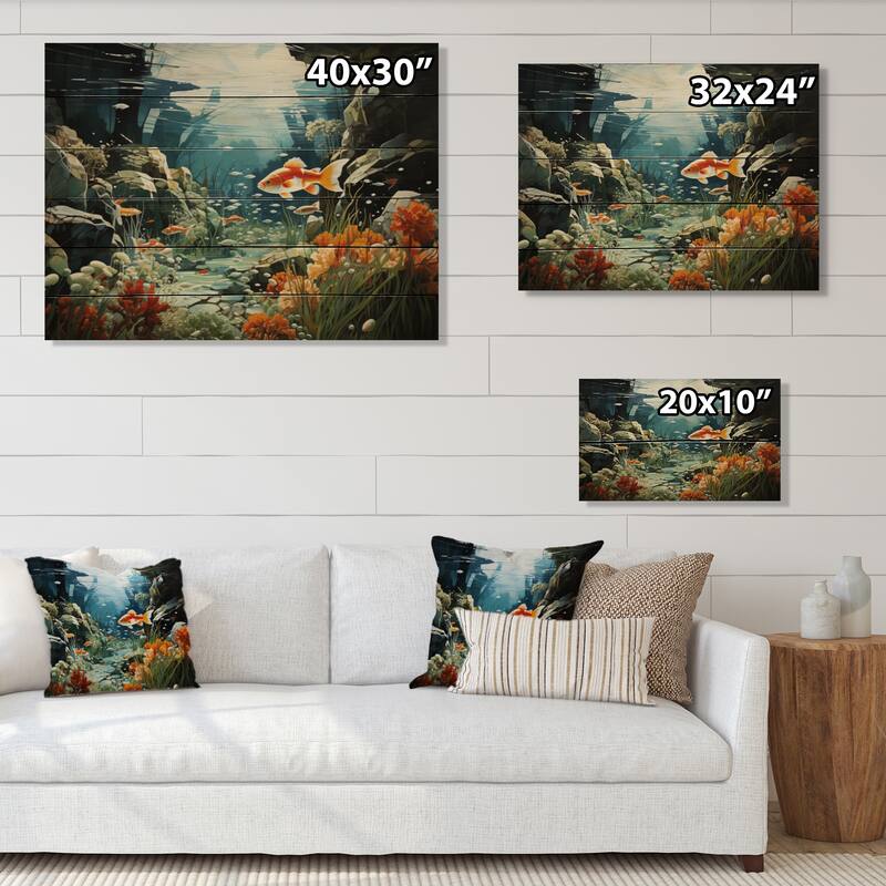 Designart "Aquariums Aquatic Assemblage An" Nautical & Beach Print on Natural Pine Wood Bed